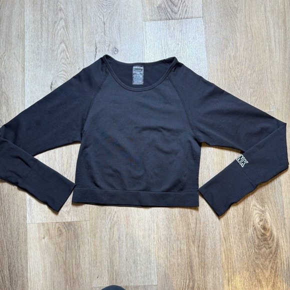 Victorias Secret Pink Active Top Womens L Crop Long‎ Sleeve Workout Logo Black - Picture 1 of 7